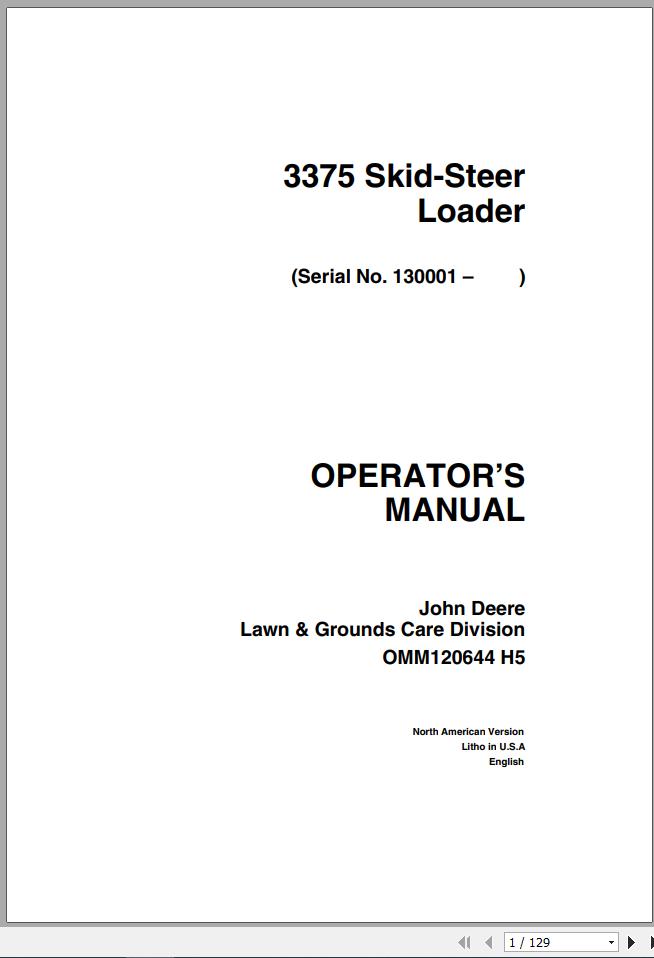 John Deere Skid Steers Loaders 3375 SN 130001 Operator's Manual OMM120644 H5