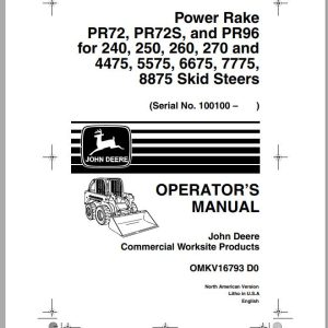 John Deere Skid Steers PR72 PR72S PR96 for 240-8875 Operator's Manual OMKV16793 D0