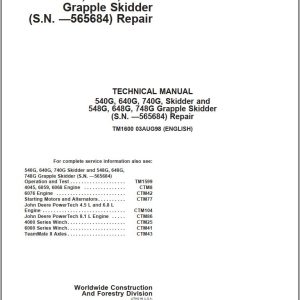 John Deere Skidder and Grapple Skidder 540G to 748G Repair Technical Manual