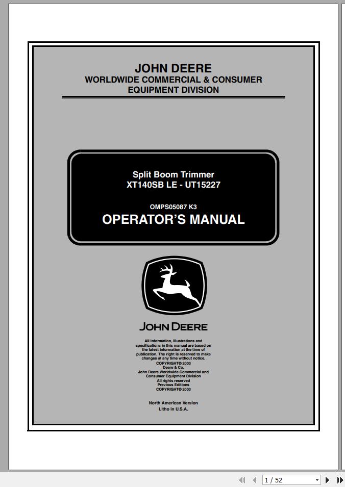 John Deere Split Boom Trimmer XT140SB LE UT15227 Operator's Manual OMPS05087 K3 2003