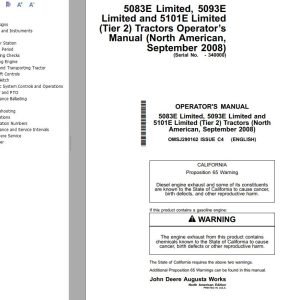 John Deere Tractor 5083E 5093E 5101E Limited (Tier 2) Operator's Manual