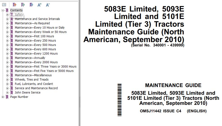 John Deere Tractor 5083E 5093E 5101E Limited (Tier3) Maintenance Guide