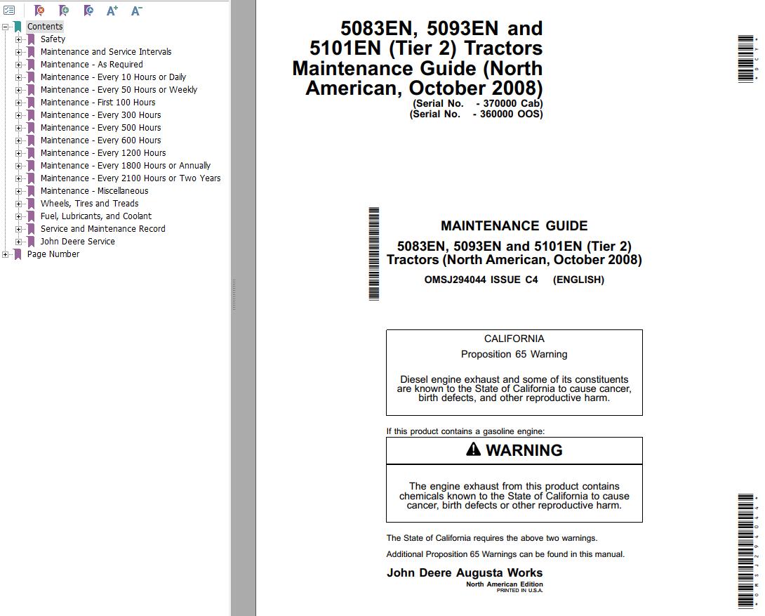 John Deere Tractor 5083EN 5093EN 5101EN (Tier 2) Maintenance Guide