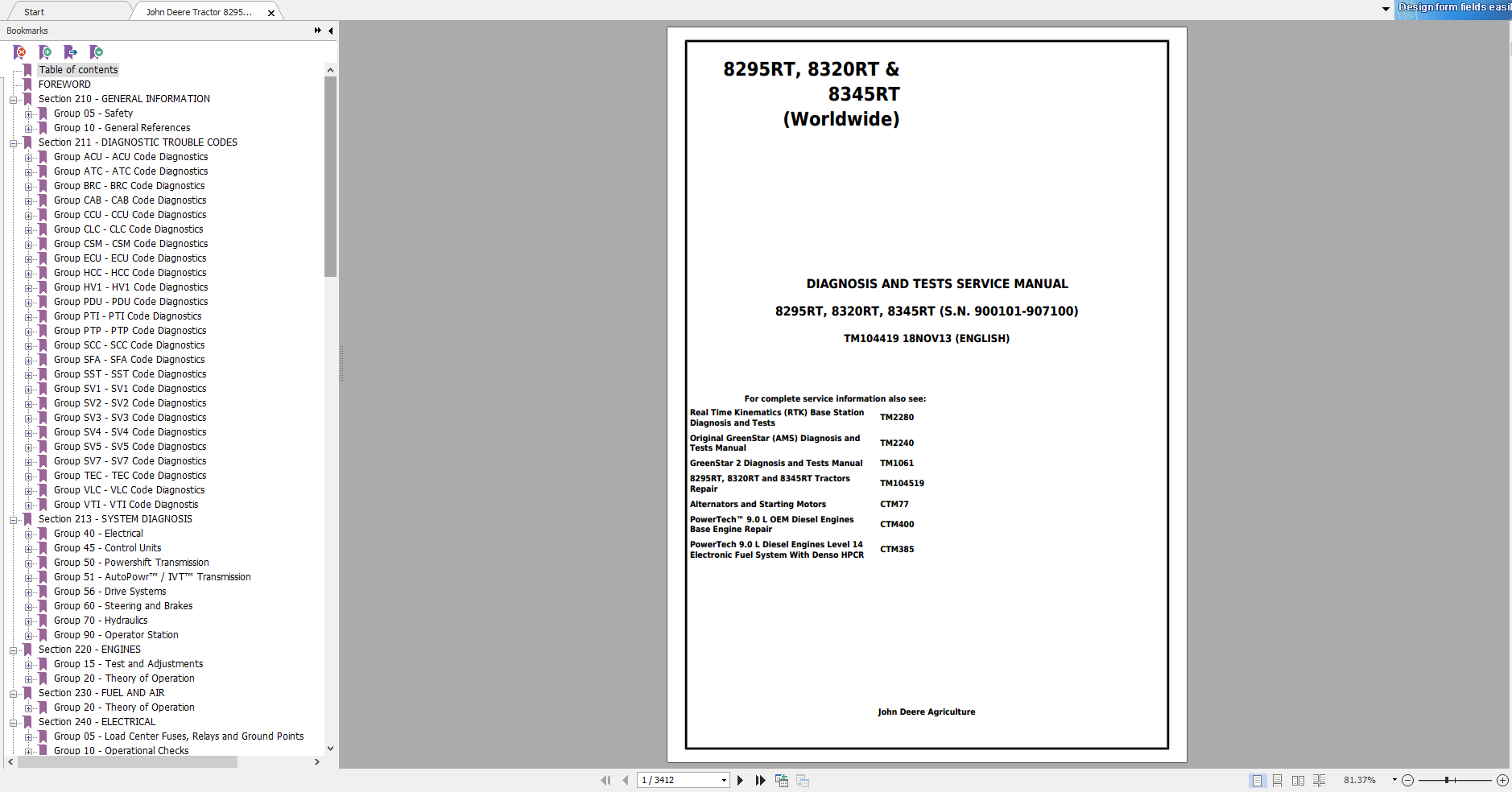John Deere Tractor 8295RT 8320RT 8345RT Technical Manual, Diagram Schematic TM104419