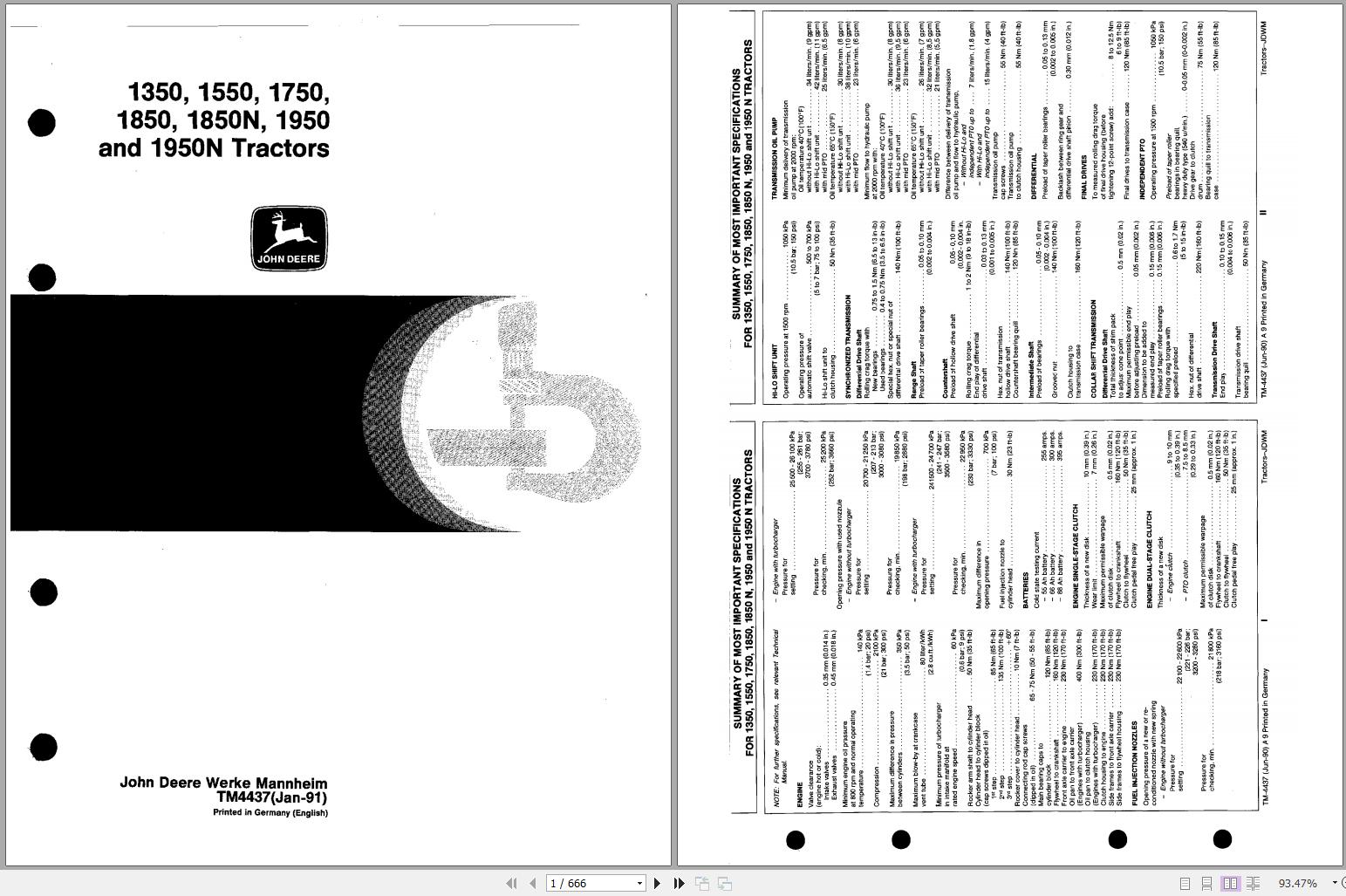 John Deere Tractors 1350 1550 1750 1850 1850N 1950 1950N Technical