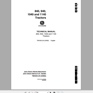 John Deere Tractors 840 940 1040 1140 Technical Manual TM4353