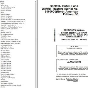 John Deere Tractors 9470RT 9520RT 9570RT Operator's Manual