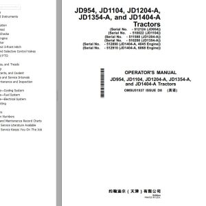 John Deere Tractors JD954 JD1104 JD1204-A JD1354-A JD1404-A Operator's Manual