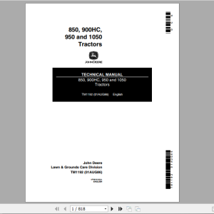 John Deere Utility Tractors 1050 850 900HC 950 Technical Manual TM1192