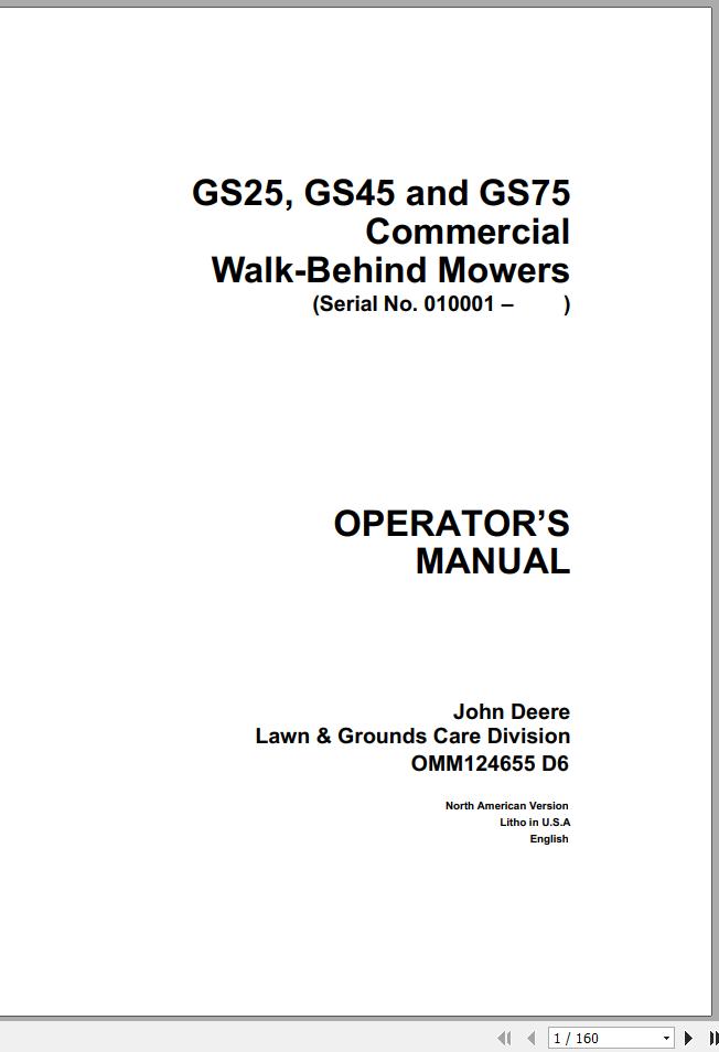 John Deere Walk-Behind Mowers GS25 GS45 GS75 Operator's Manual OMM124655 D6