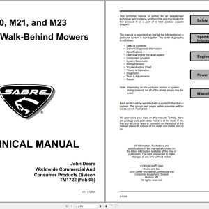 John Deere Walk-Behind Mowers M10 M21 M23 21-Inch Technical Manual TM1722