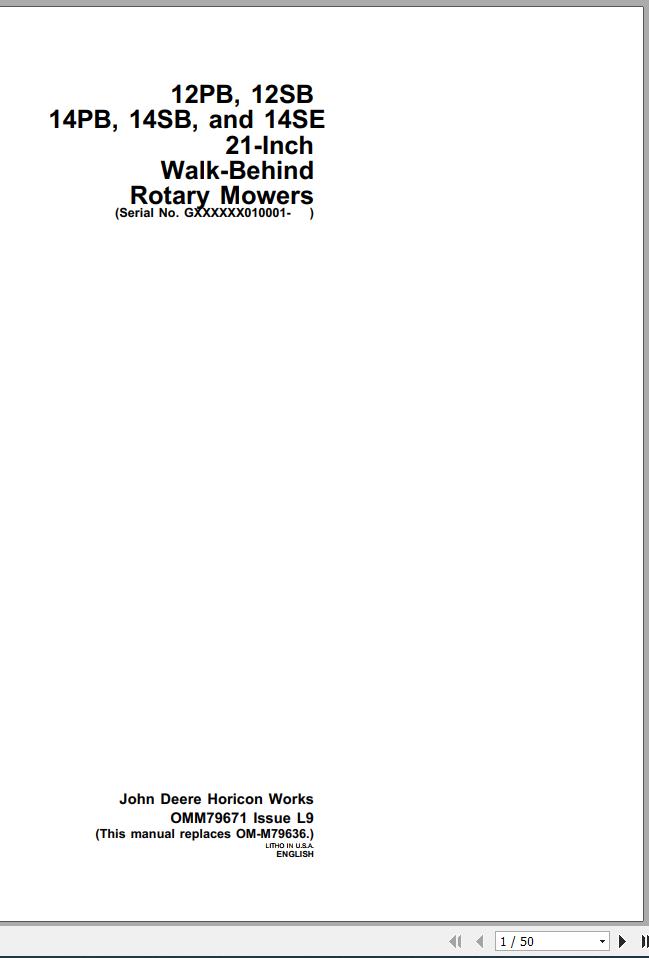 John Deere Walk-Behind Rotary Mower 12PB - 14SE 21 Inch Operator's Manual OMM79671 L9