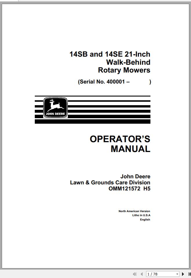 John Deere Walk-Behind Rotary Mower 14SB 14SE 21 Inch Operator's Manual OMM121572 H5