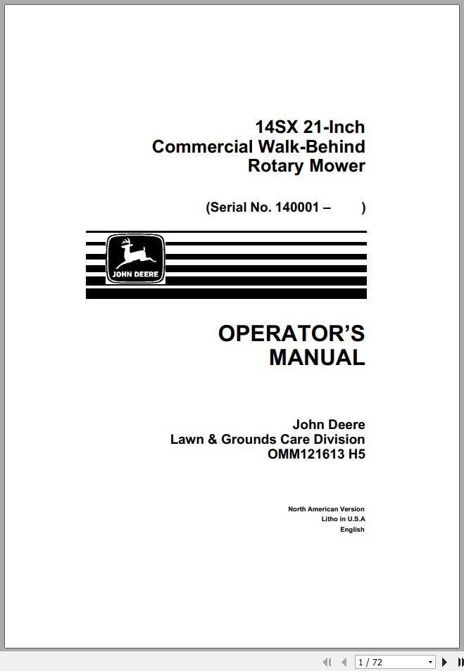 John Deere Walk-Behind Rotary Mower 14SX 21 Inch Operator's Manual OMM121613 H5