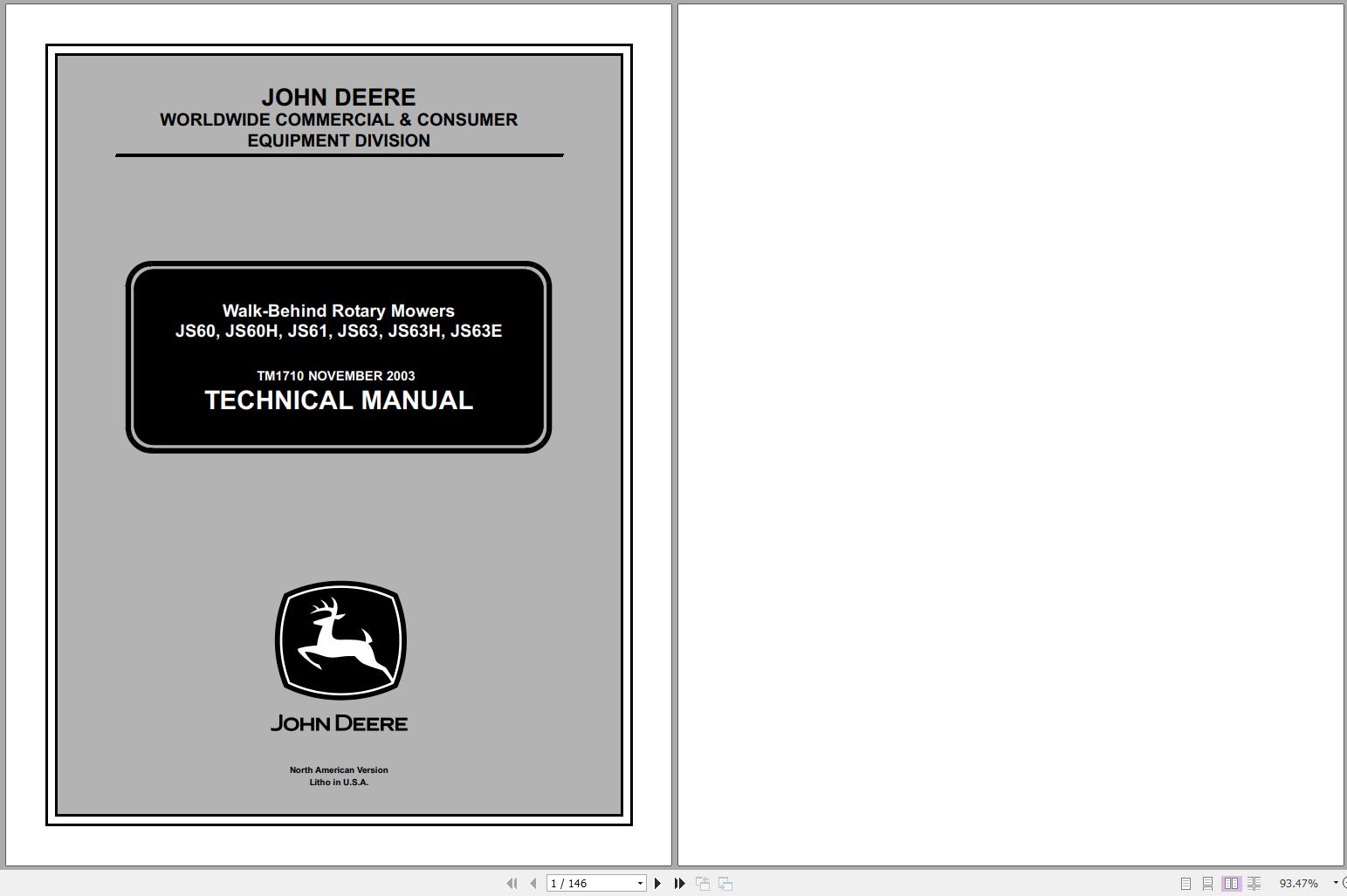 John Deere Walk-Behind Rotary Mowers JS60 JS60H JS61 JS63 JS63H JS63E Technical Manual TM1710