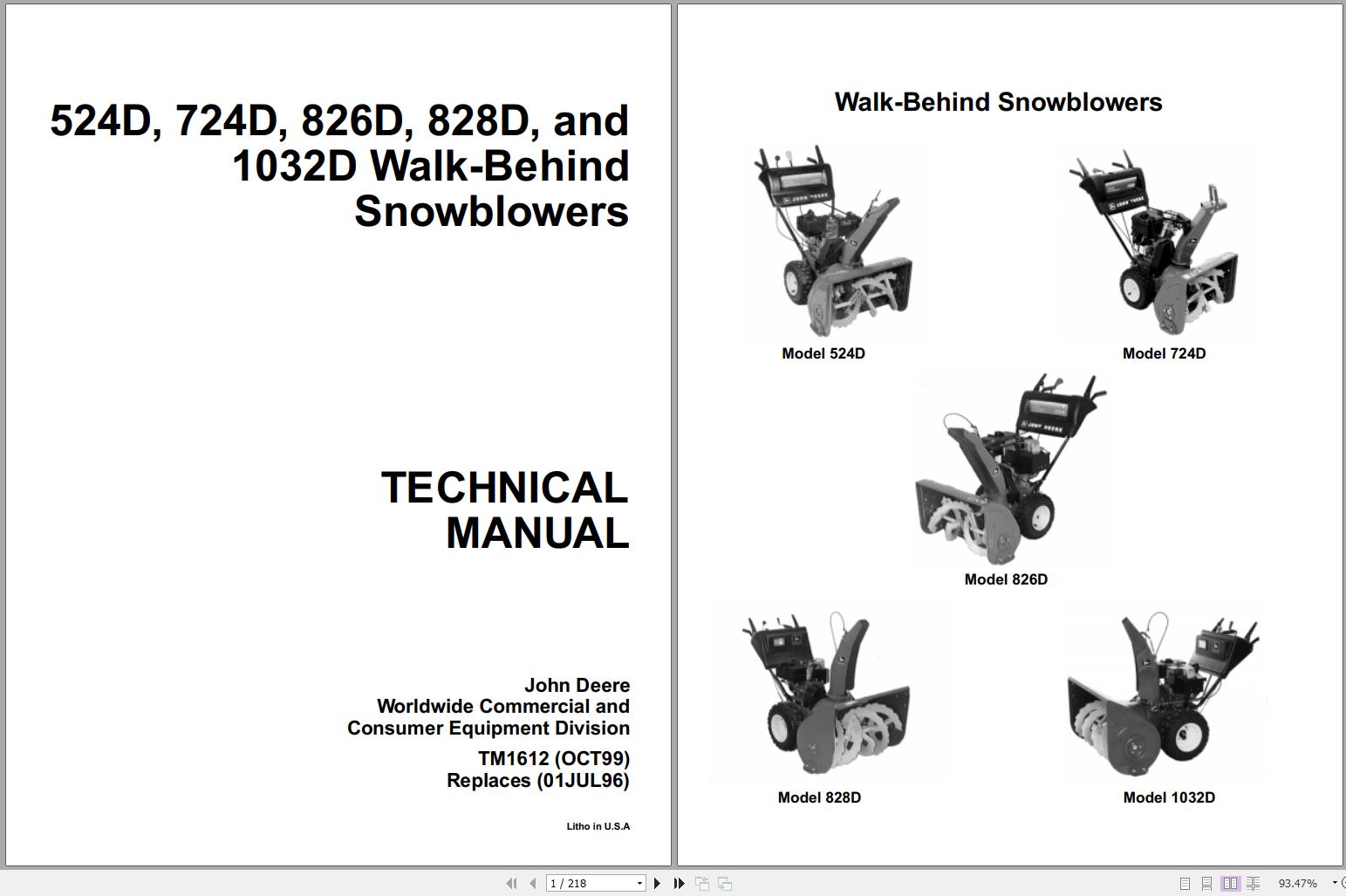 John Deere Walk-Behind Snowblowers 524D 724D 826D 828D 1032D Technical Manual TM1612
