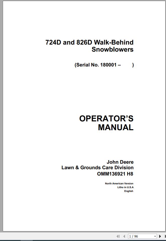 John Deere Walk-Behind Snowblowers 724D 826D Operator's Manual OMM136921 H8