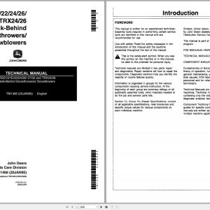 John Deere Walk-Behind Snowthrowers Snowblowers TRS21 21E 22 24 26 27 32 TRX24 26 Technical Manual TM1466