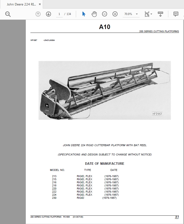 John Deere 224 RIGID CUTTERBAR PLATFORM WITH BAT REEL parts catalog
