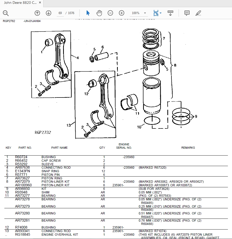 John Deere 8820 COMBINE WITH 844 CORN HEAD Tractors Parts Catalog UN-01JAN94