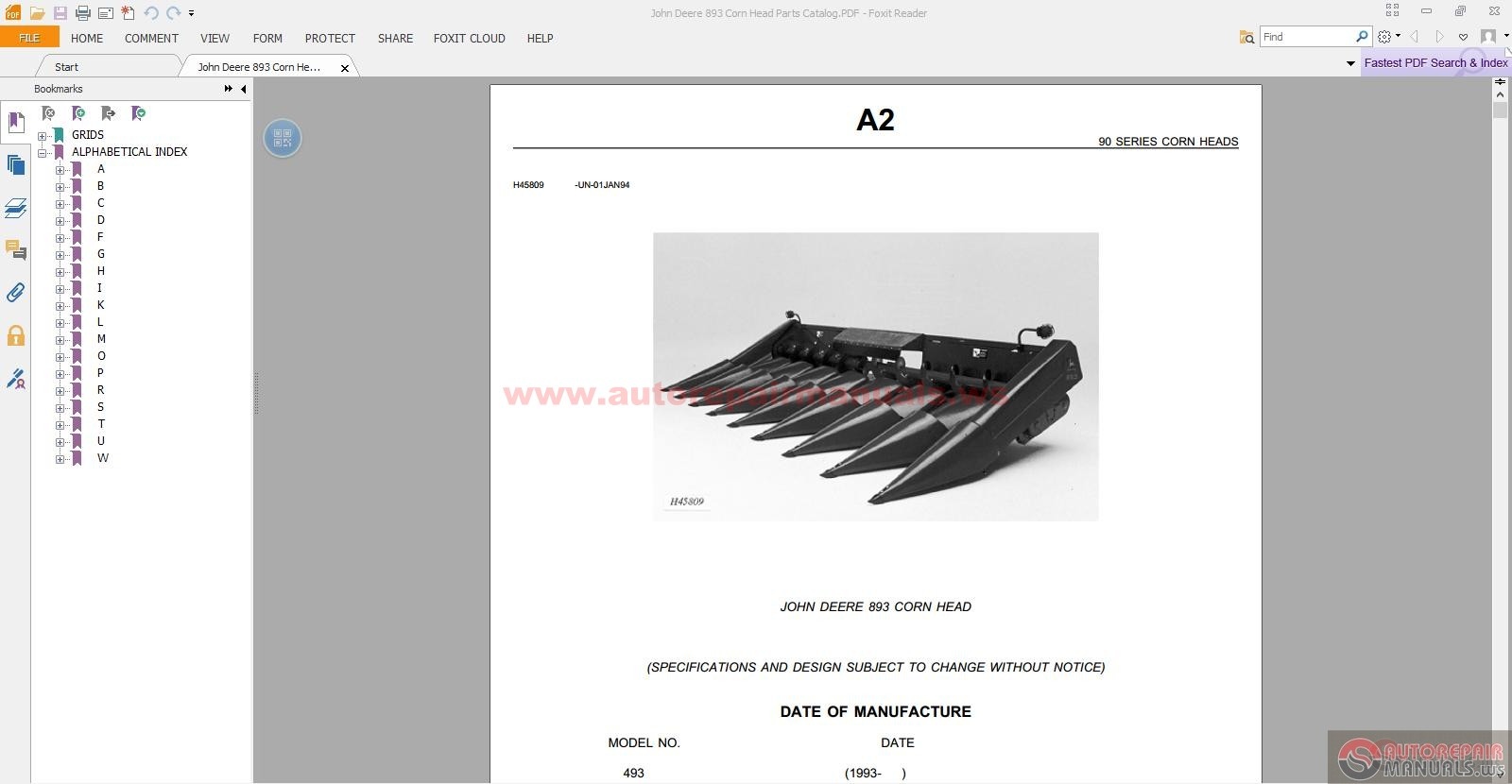 John Deere 893 Corn Head Parts Catalog