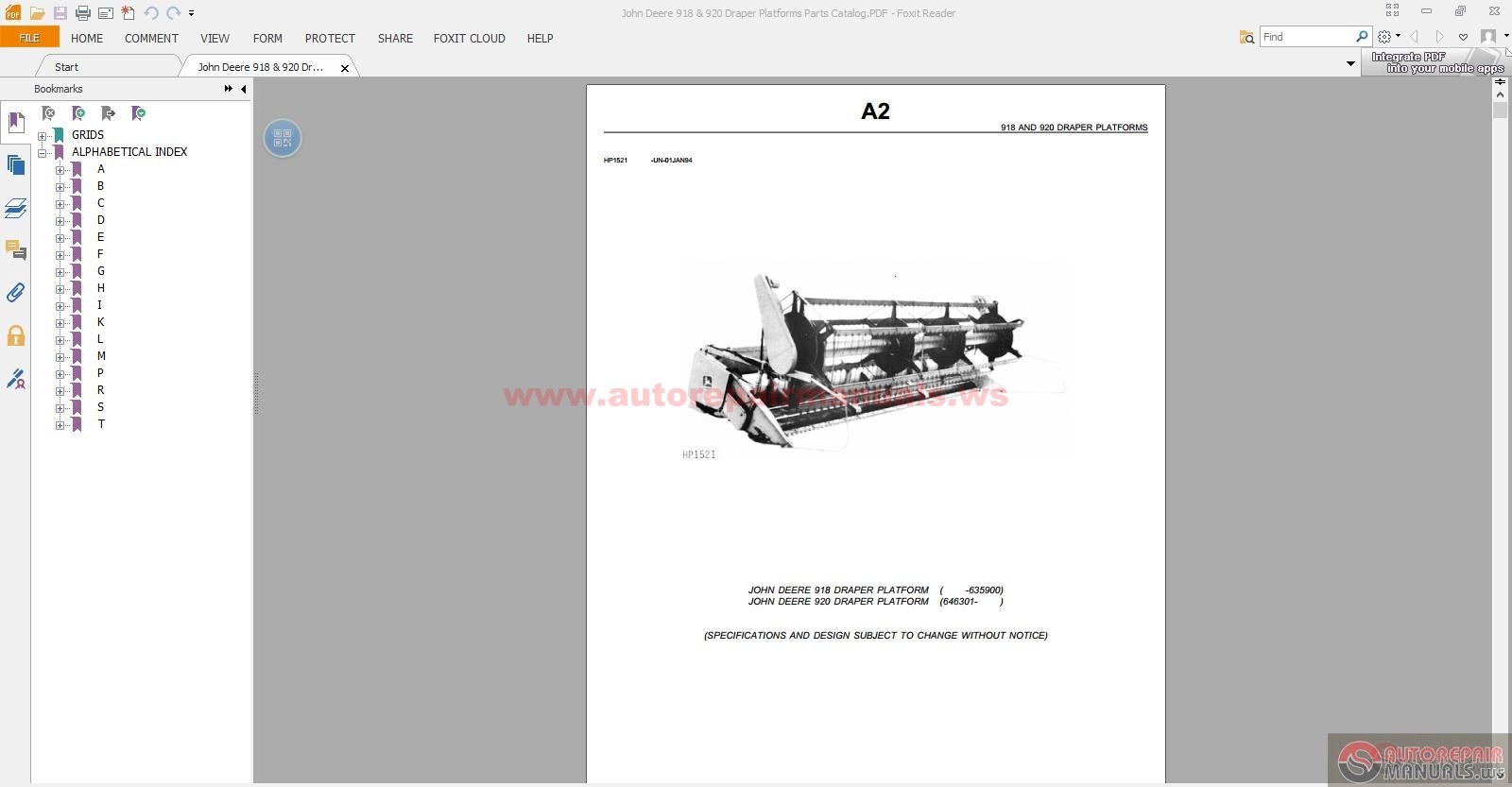 John Deere 918 & 920 Draper Platforms Parts Catalog