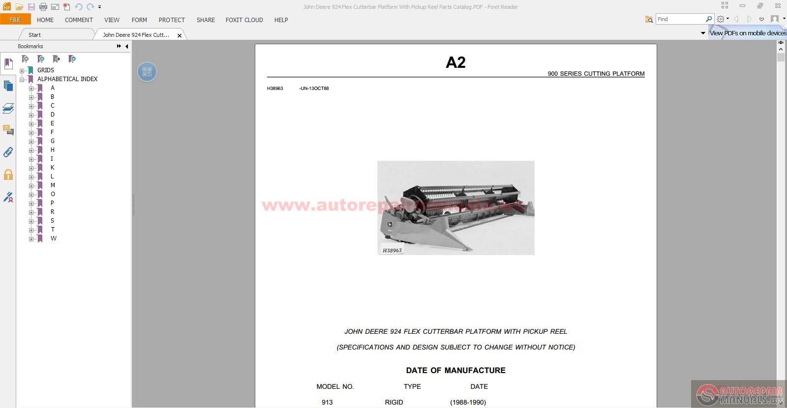 John Deere 924 Flex Cutterbar Platform With Pickup Reel Parts Catalog