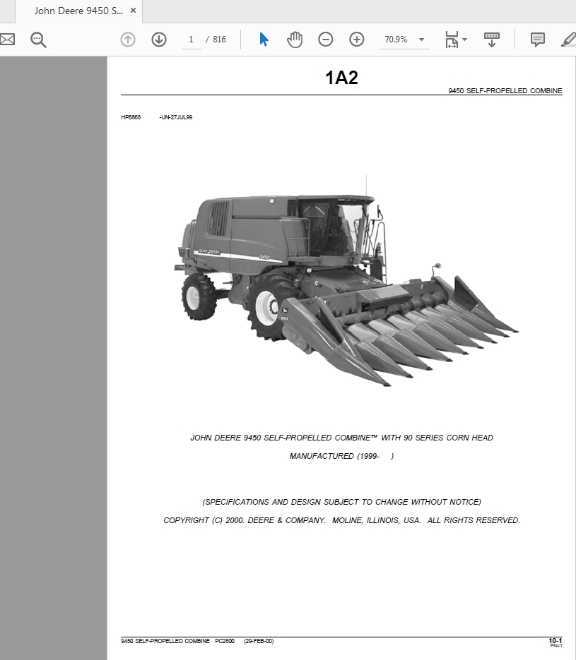 John Deere 9450 SELF-PROPELLED COMBINE WITH 90 SERIES CORN HEAD Parts Catalog