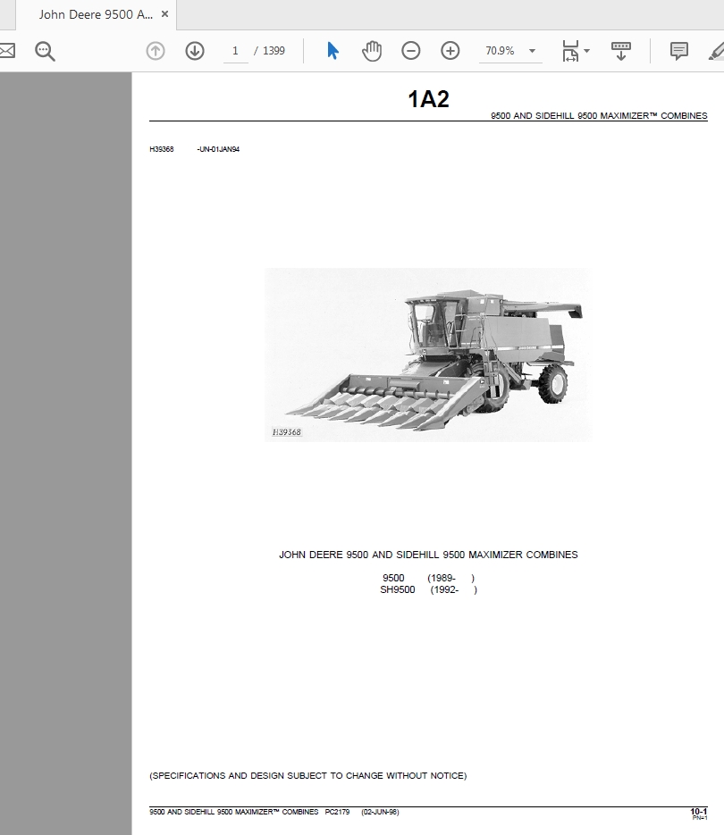 John Deere 9500 AND SIDEHILL 9500 MAXIMIZER COMBINES Parts Catalog