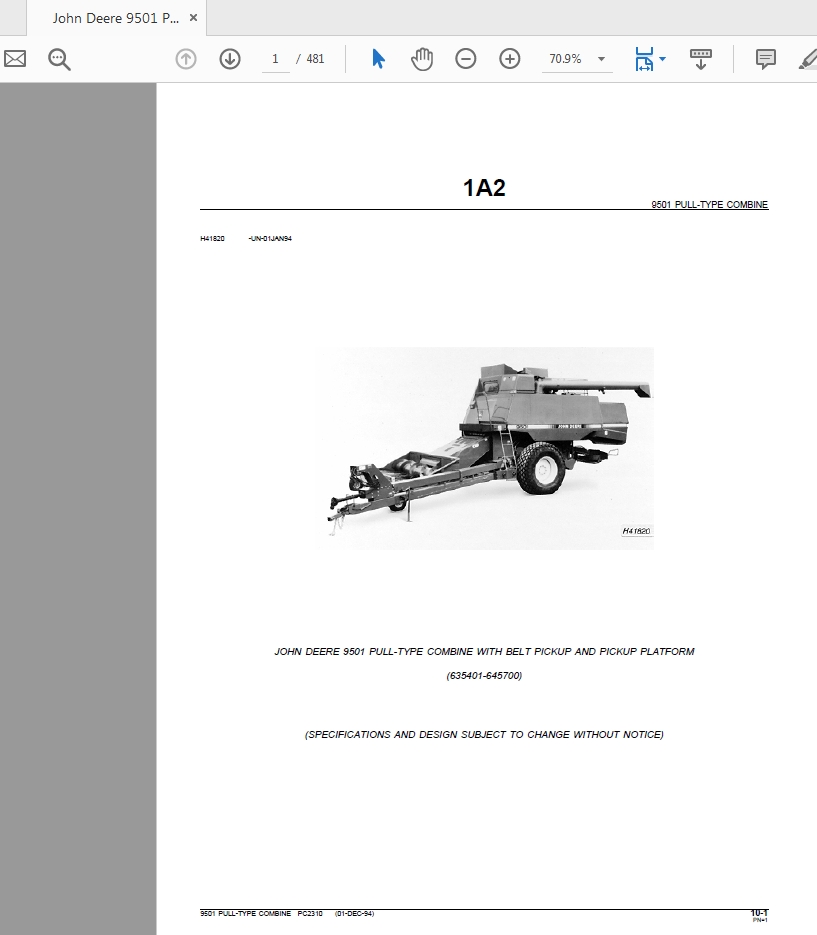 John Deere 9501 PULL-TYPE COMBINE WITH BELT PICKUP AND PICKUP PLATFORM Parts Catalog