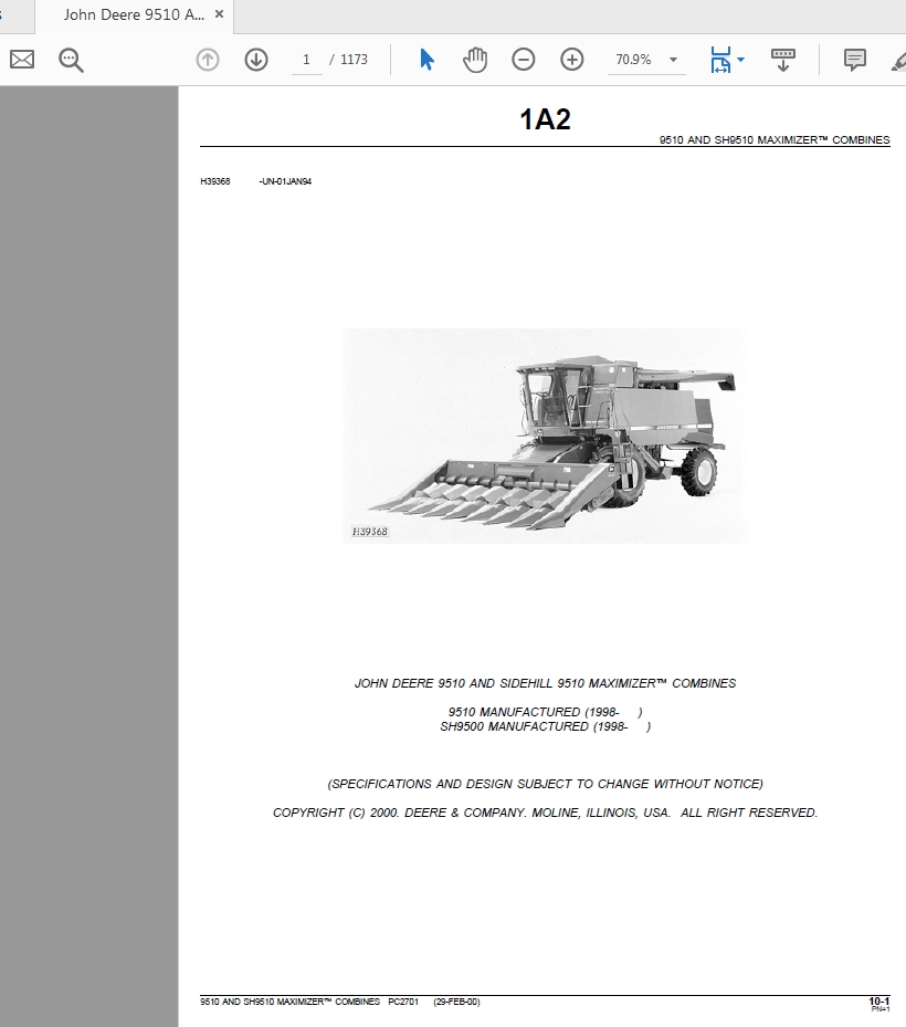 John Deere 9510 AND SIDEHILL 9510 MAXIMIZER COMBINES Parts Catalog