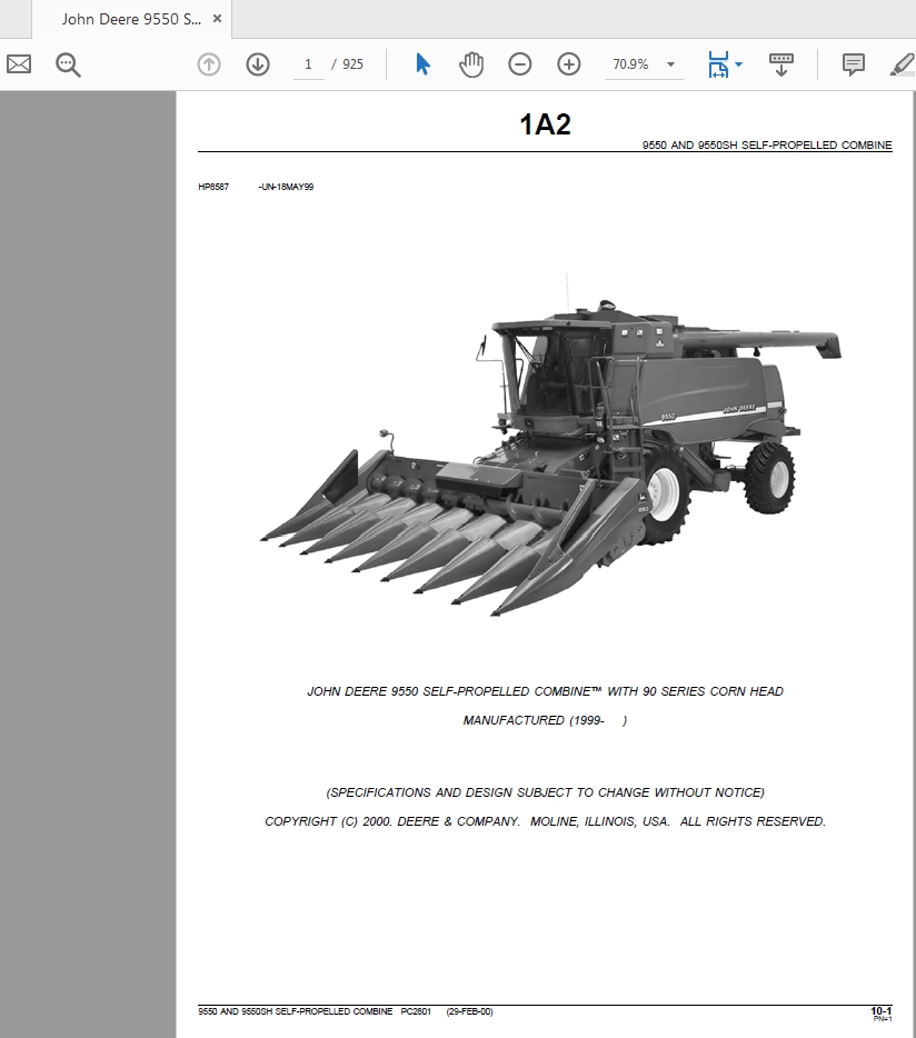 John Deere 9550 SELF-PROPELLED COMBINE WITH 90 SERIES CORN HEAD Parts Catalog