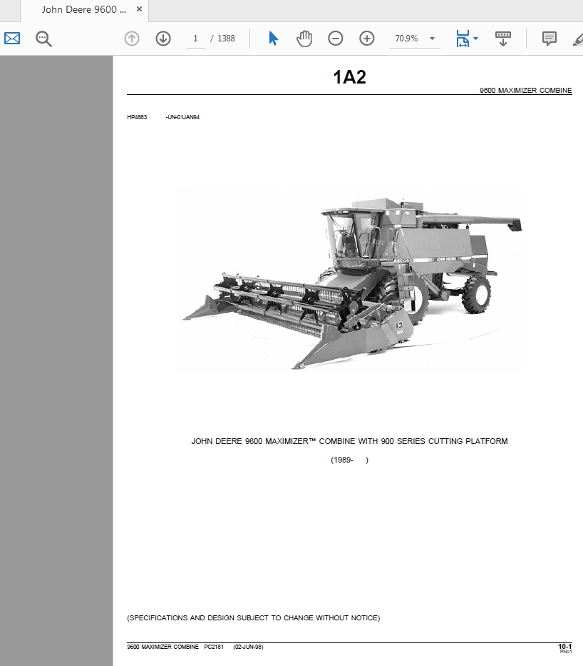 John Deere 9600 MAXIMIZER COMBINE WITH 900 SERIES CUTTING PLATFORM Parts Catalog