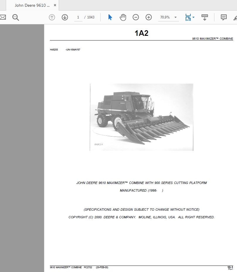 John Deere 9610 MAXIMIZER™ COMBINE WITH 900 SERIES CUTTING PLATFORM Parts Catalog