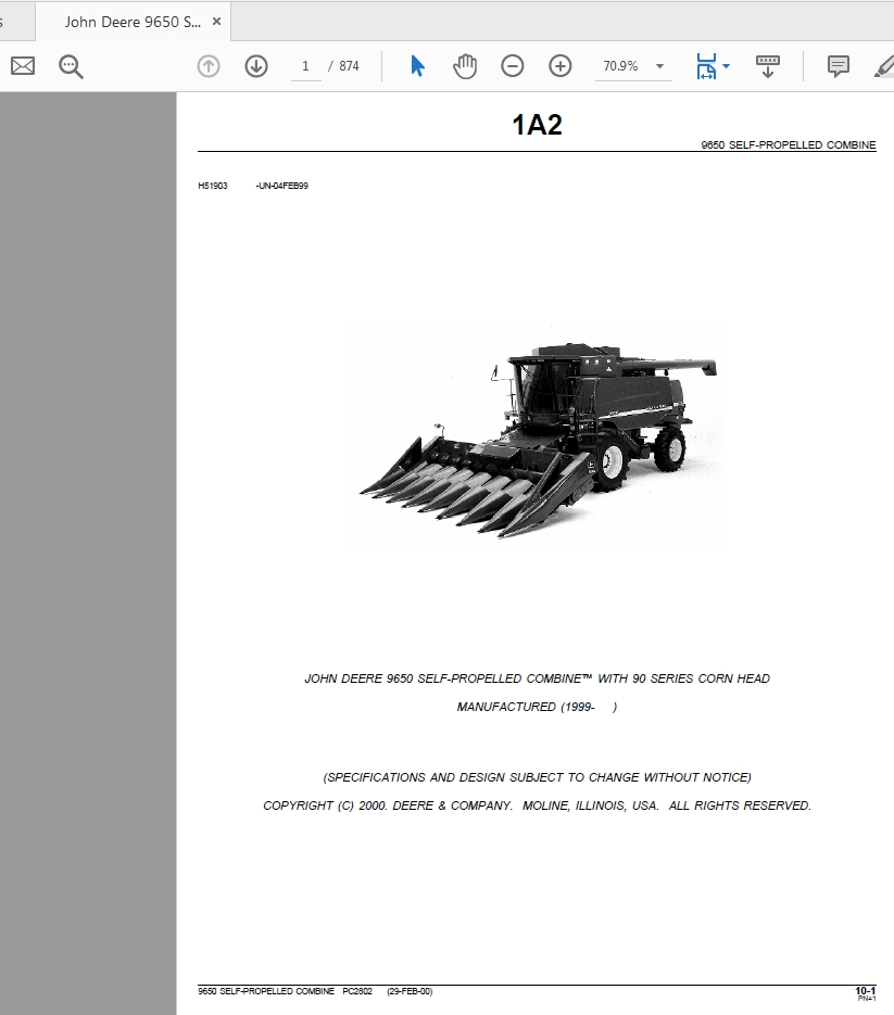 John Deere 9650 SELF-PROPELLED COMBINE WITH 90 SERIES CORN HEAD Parts Catalog
