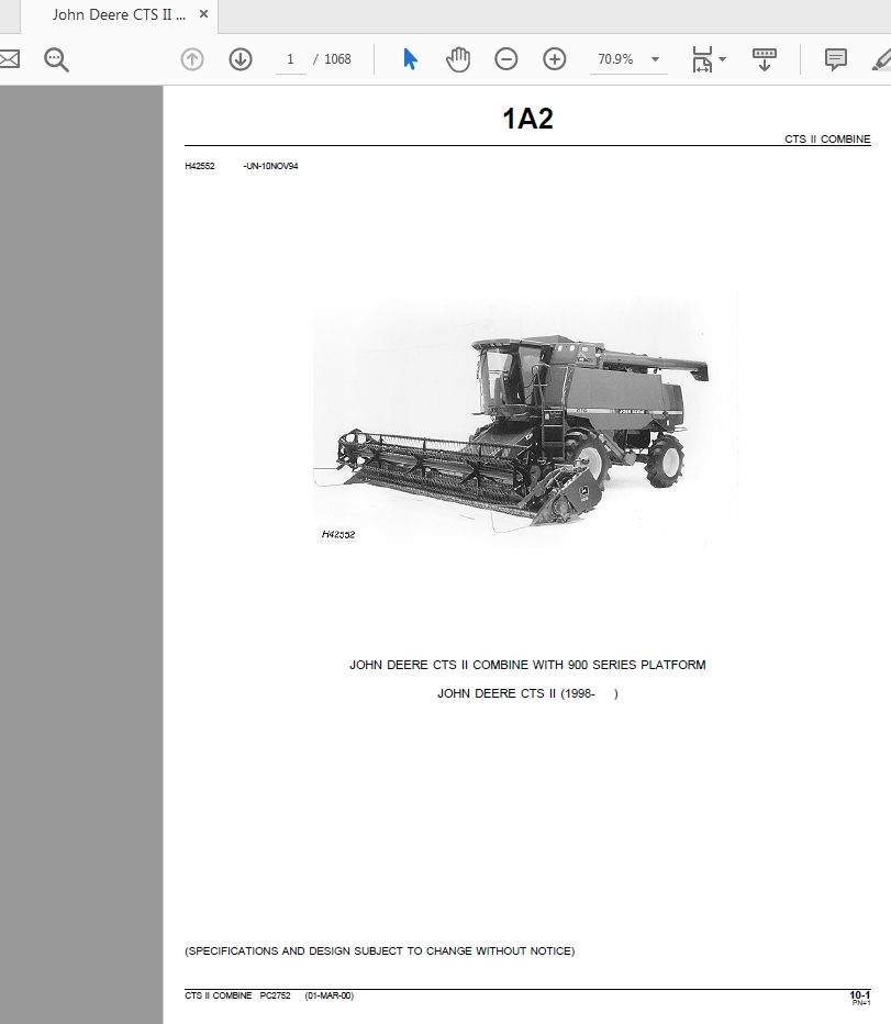 John Deere CTS II COMBINE WITH 900 SERIES PLATFORM Parts Catalog