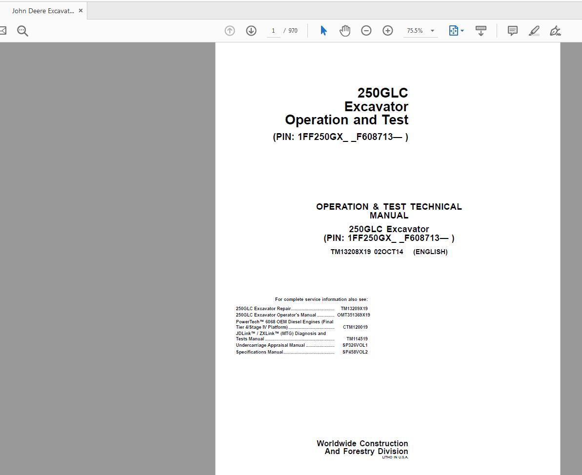 John Deere Excavator 250GLC Operation and Test Technical Manual_TM13208X19