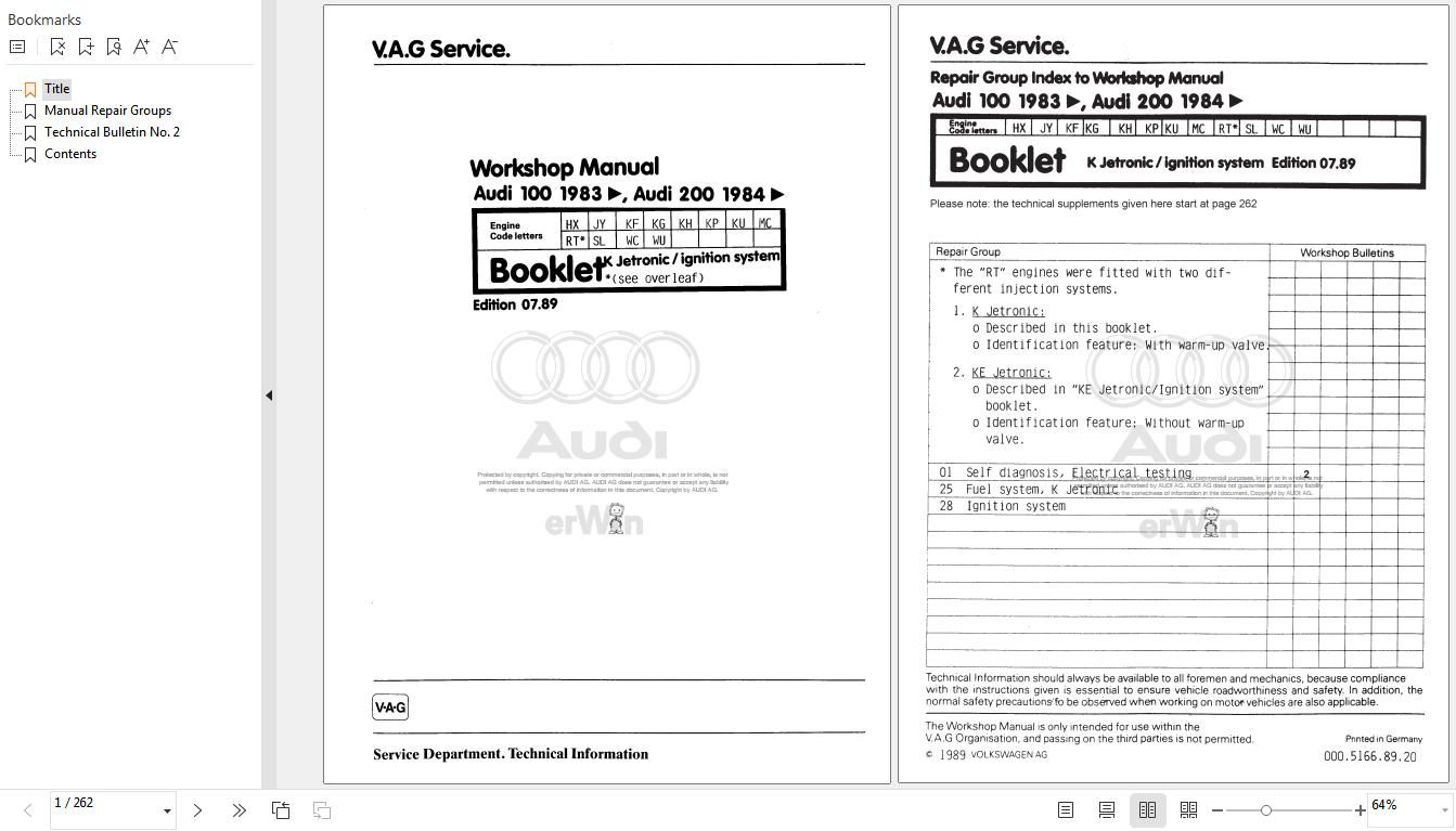 1983 - 1991 Audi 200 200 Avant 44 447 448 Workshop Manual