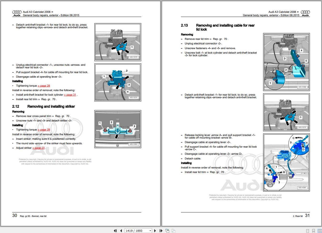 2008 - 2012 Audi A3 S3 RS3 A3 S3 RS3 Cabriolet 8P7 Workshop Manual and Wiring Diagram