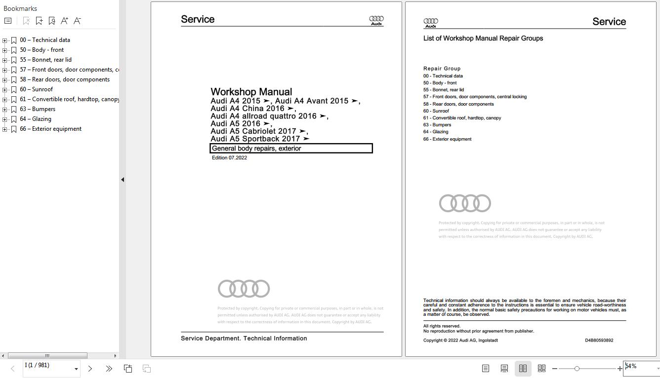 2020 - 2023 Audi A4 8WC 8WD 8WJ Workshop Manual