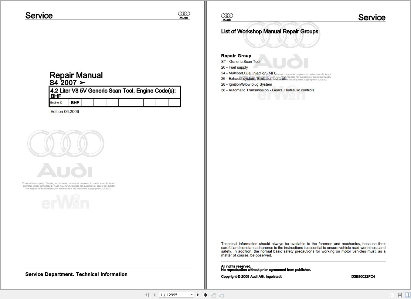 2002 - 2005 Audi A4 S4 8E2 Service Repair Manual and Wiring Diagram