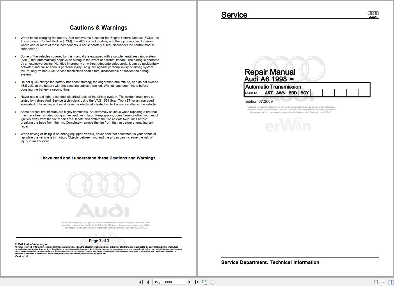 1999 - 2005 Audi A6 Avant 4B5 Service Repair Manual