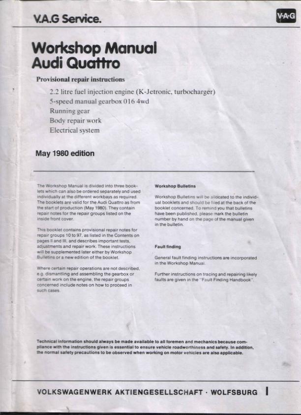 Audi B2 Quattro 85 Workshop Manual