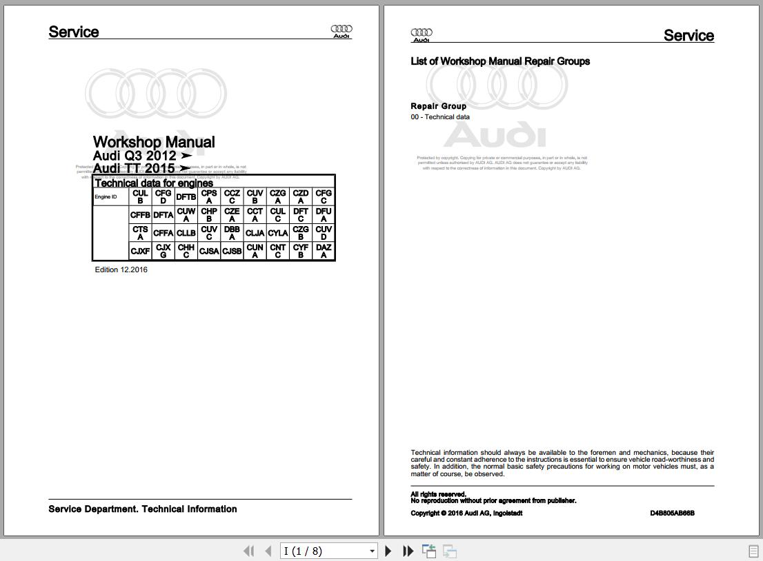 2011 - 2019 Audi Q3 8U 84B 84G 8UB 8UG Workshop Manual and Wiring Diagram
