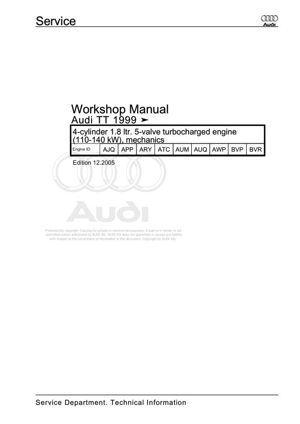 1999 - 2006 Audi TT TT Coupe TT Roadster 8N 8N3 8N9 Workshop Manual