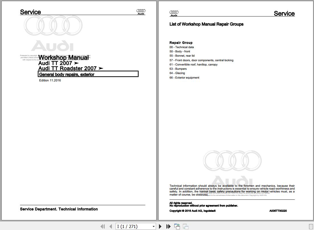 2006 - 2014 Audi TT RS 8J 8J3 8J9 Workshop Manual and Wiring Diagram