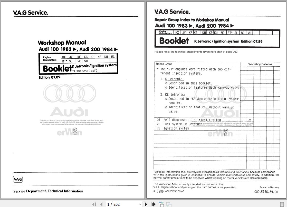 1989 - 1990 Audi V8 44 441 442 Workshop Manual